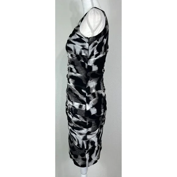 Ann Taylor Animal Print Ruched Sheath Dress Sleeveless Black Grey White Size 6 - Picture 9 of 14